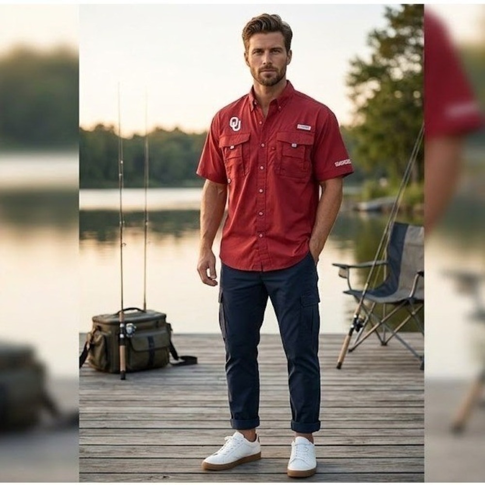 Columbia PFG Fishing Shirt Mens XL Red Oklahoma Sooners OU S/S Vented Button Up